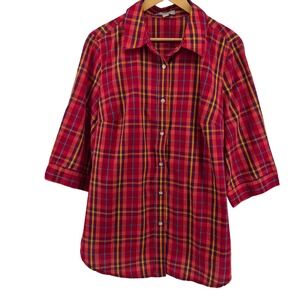 Woman Within Plaid Shirt Red Yellow 3/4 Sleeve Collared‎ Button Up Sz 18/20 Work